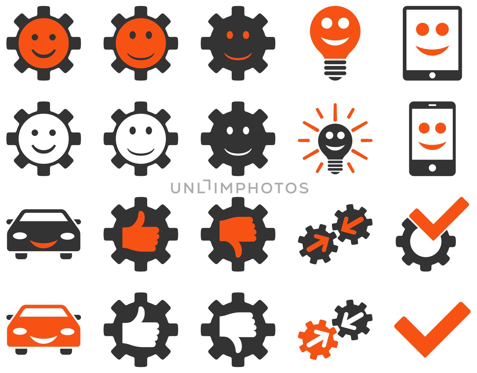 Tools and Smile Gears Icons. Icon set style is bicolor flat images, orange and gray colors, isolated on a white background.