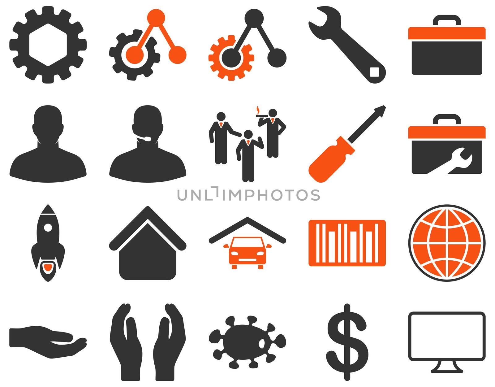 Settings and Tools Icons. Icon set style is bicolor flat images, orange and gray colors, isolated on a white background.