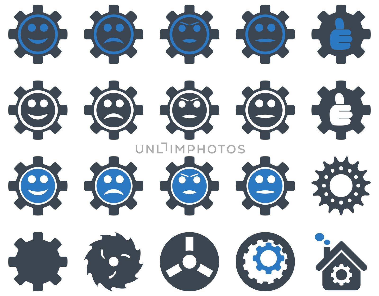 Tools and Smile Gears Icons. Icon set style is bicolor flat images, smooth blue colors, isolated on a white background.