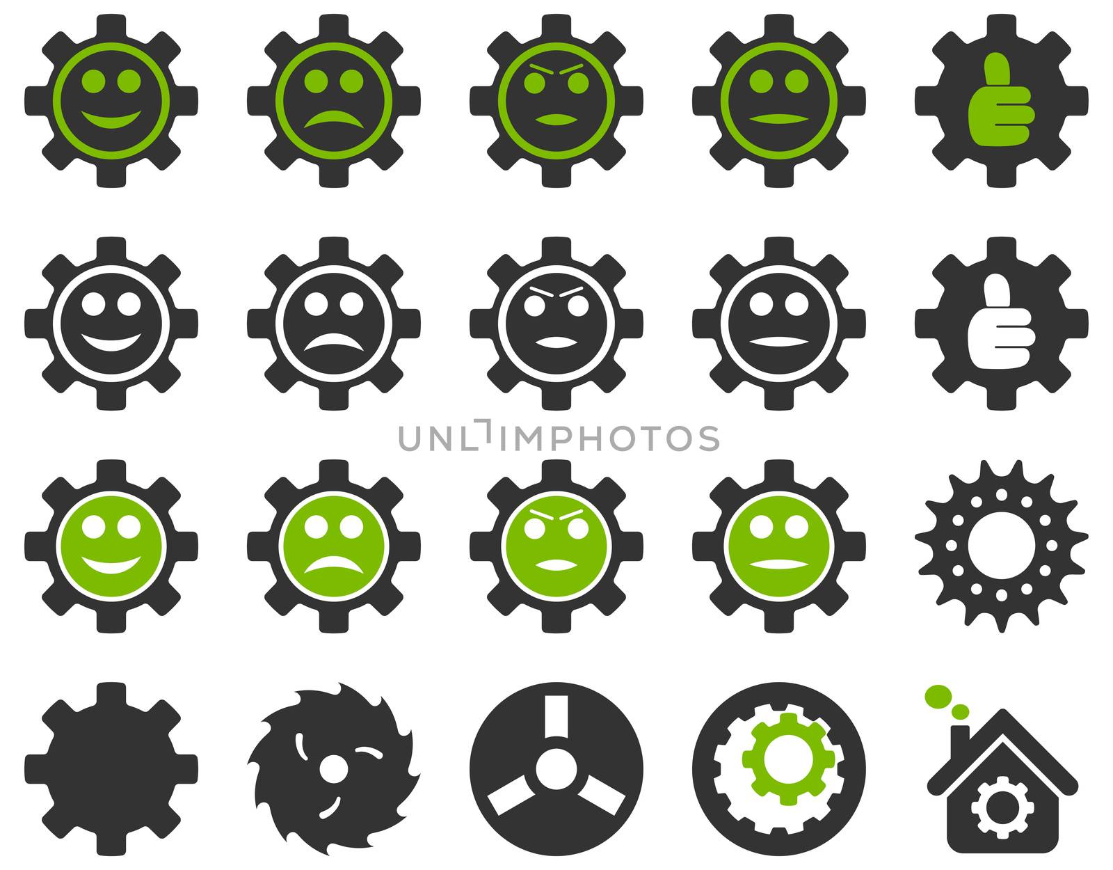 Tools and Smile Gears Icons. Icon set style is bicolor flat images, eco green and gray colors, isolated on a white background.