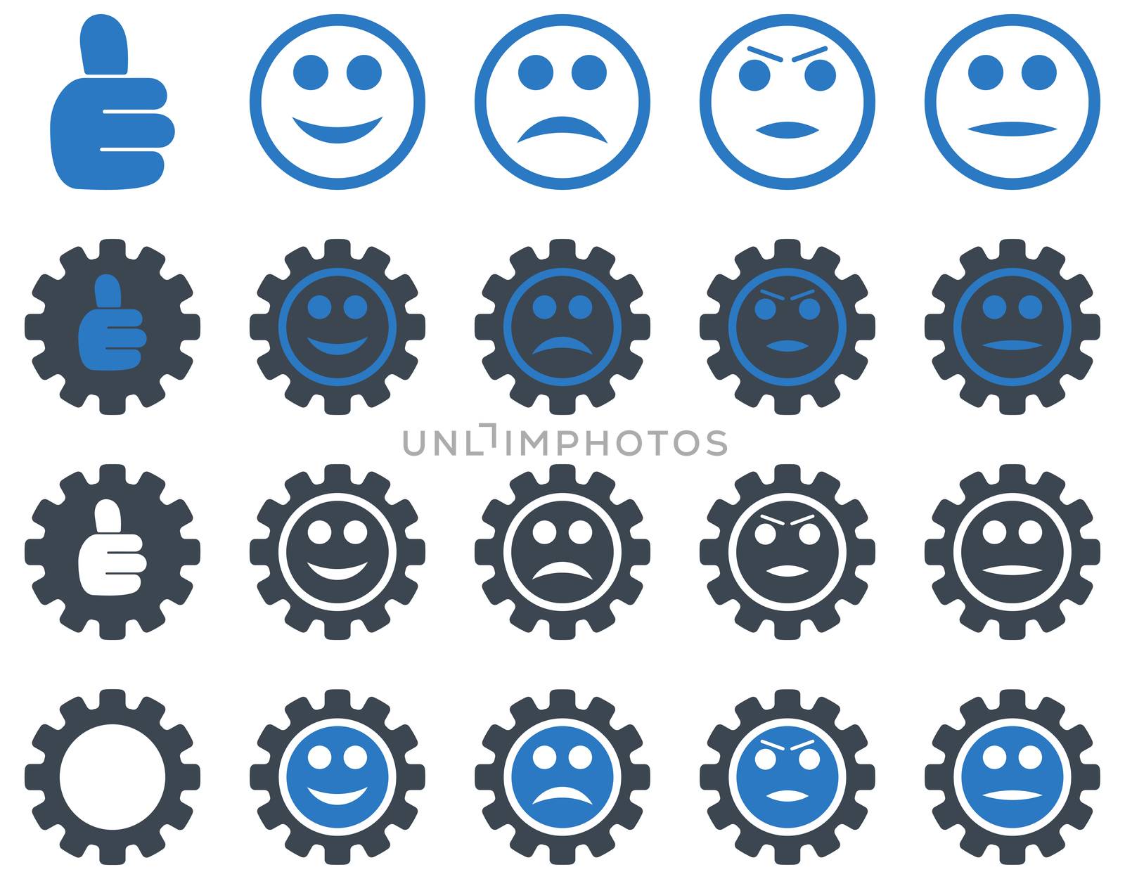 Settings and Smile Gears Icons. Icon set style is bicolor flat images, smooth blue colors, isolated on a white background.