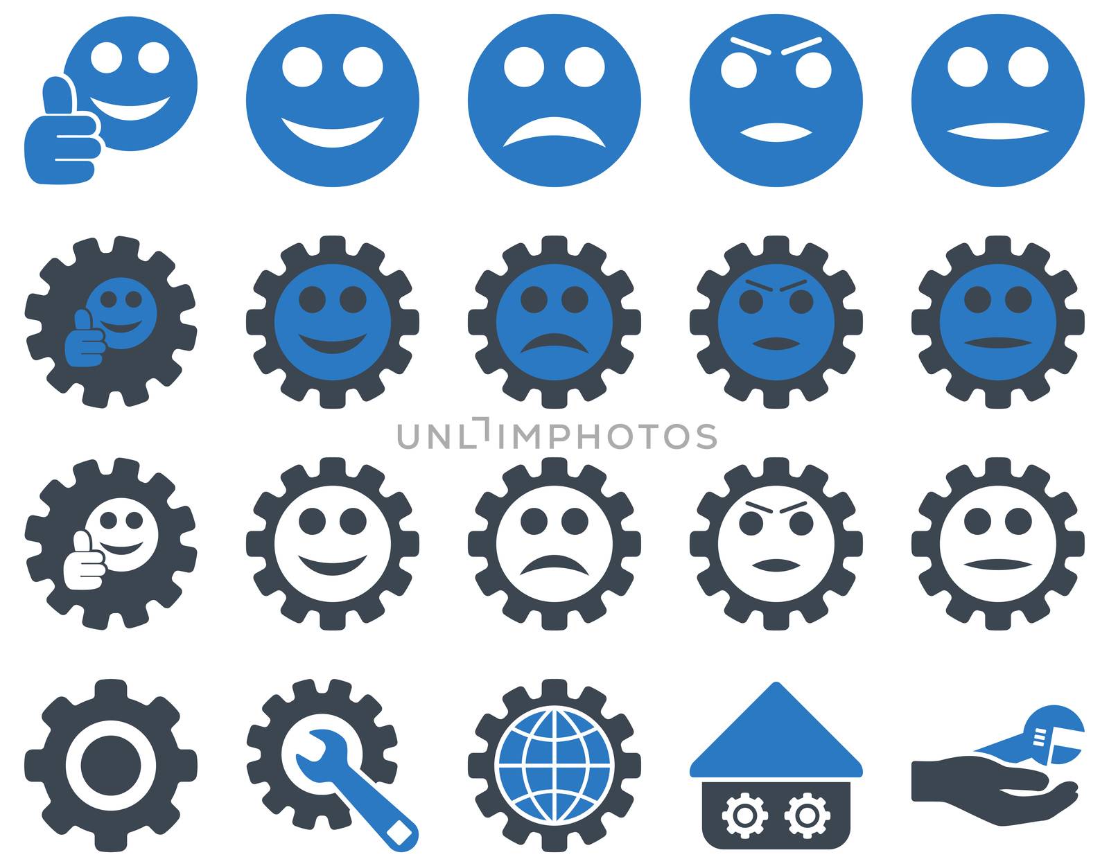 Settings and Smile Gears Icons. Icon set style is bicolor flat images, smooth blue colors, isolated on a white background.