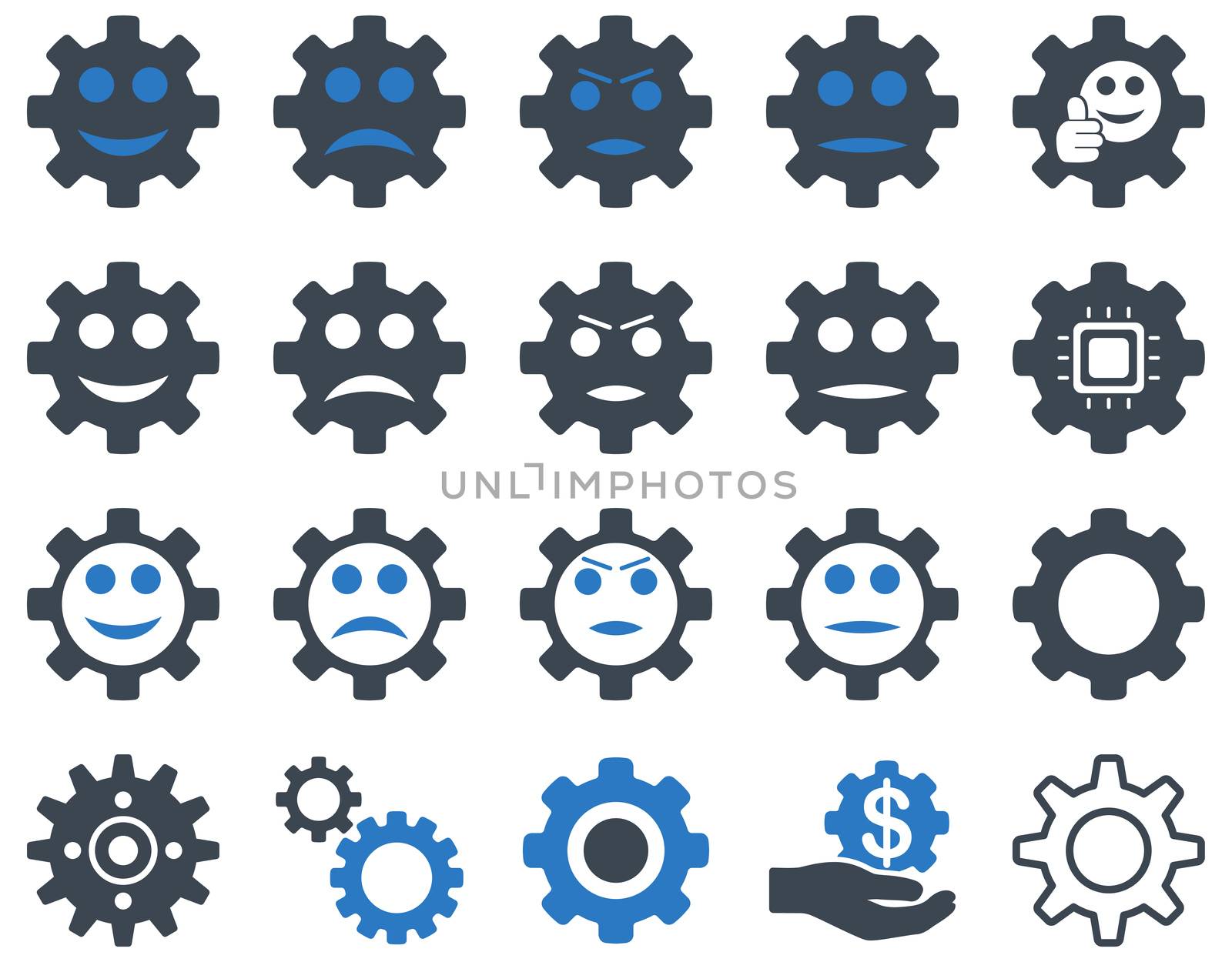 Tools and Smile Gears Icons. Icon set style is bicolor flat images, smooth blue colors, isolated on a white background.