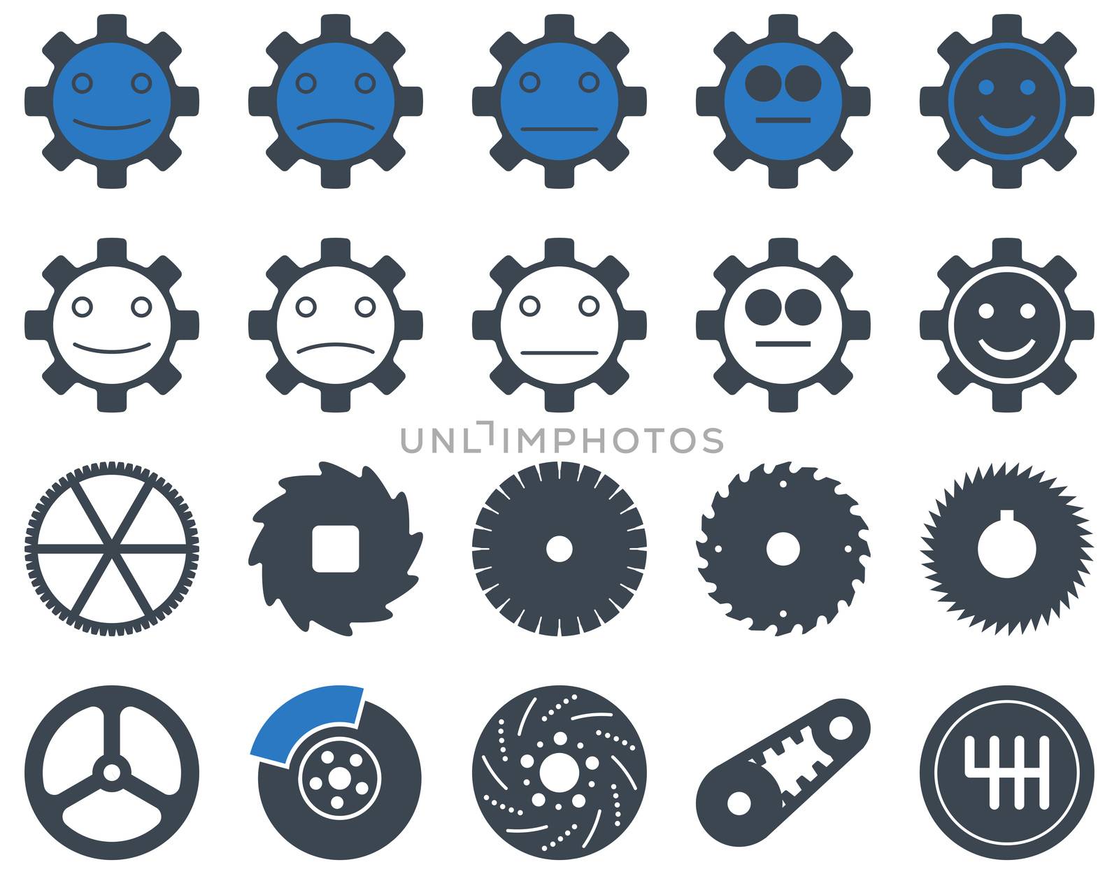 Tools and Smile Gears Icons. Icon set style is bicolor flat images, smooth blue colors, isolated on a white background.