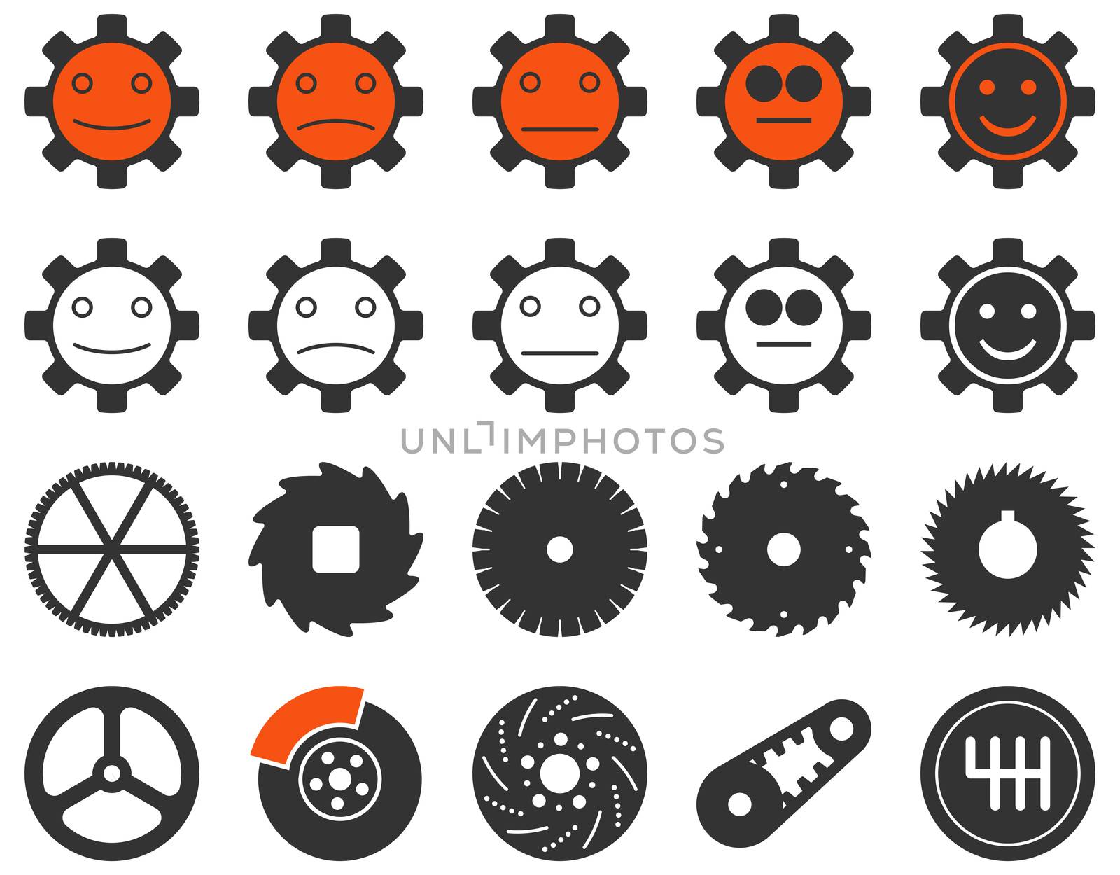 Tools and Smile Gears Icons. Icon set style is bicolor flat images, orange and gray colors, isolated on a white background.