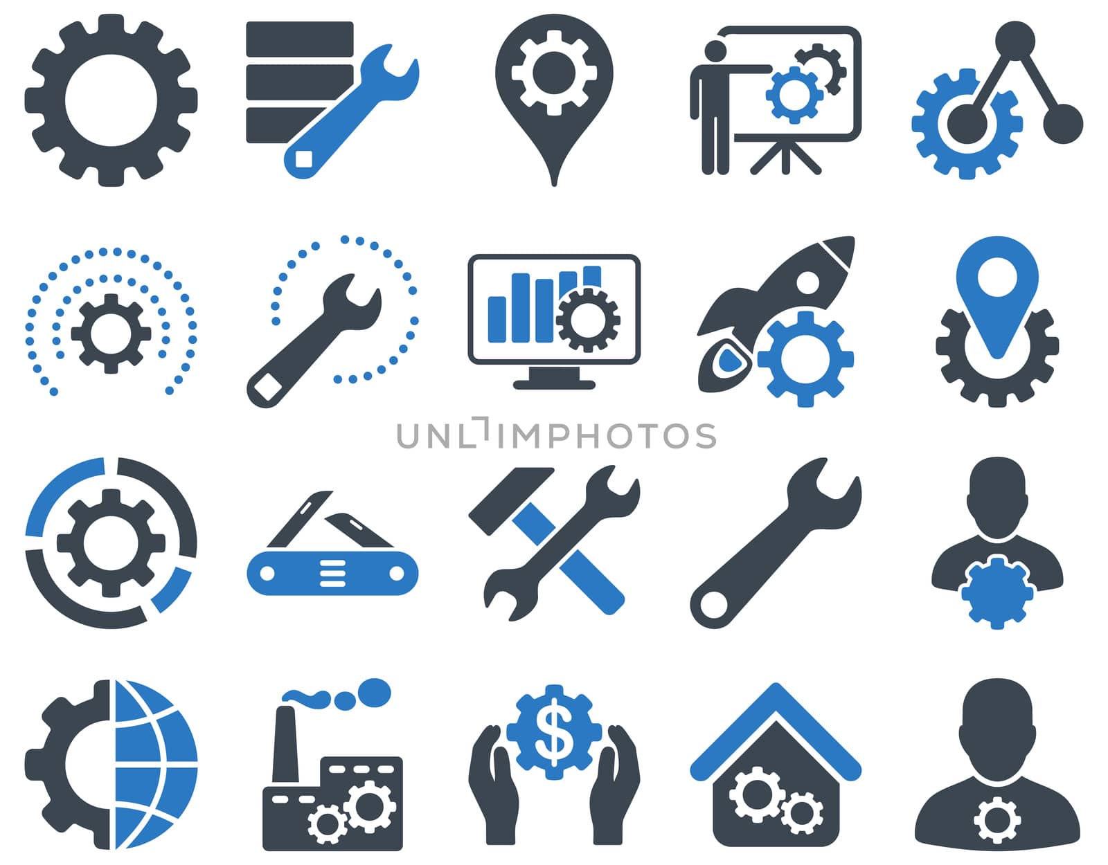 Settings and Tools Icons. Icon set style is bicolor flat images, smooth blue colors, isolated on a white background.