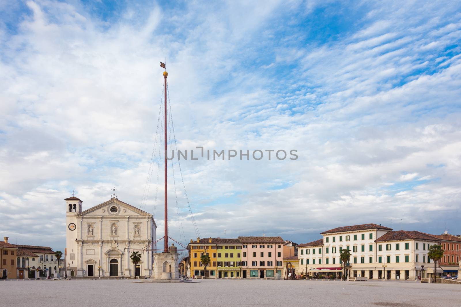 Main square and cathedral of Palmanova, town and comune in northeastern Italy. The town is an excellent example of star fort of the Late Renaissance, built up by the Venetians in 1593.
