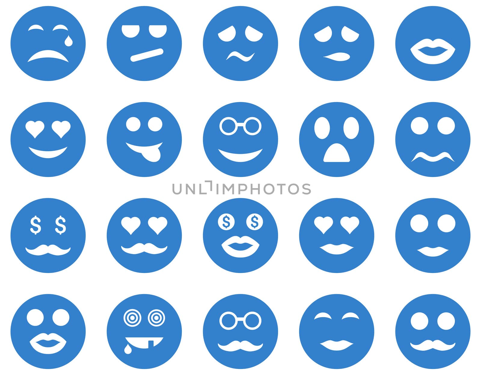 Smile and emotion icons. Glyph set style is flat images, cobalt symbols, isolated on a white background.