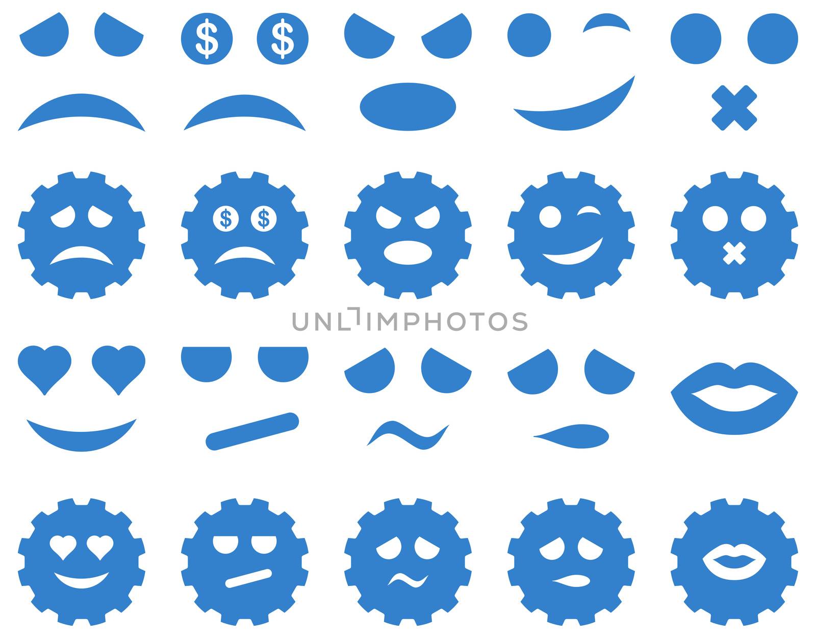 Tool, gear, smile, emotion icons. Glyph set style is flat images, cobalt symbols, isolated on a white background.