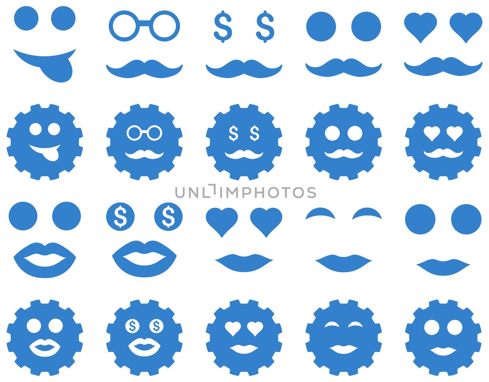 Tool, gear, smile, emotion icons. Glyph set style is flat images, cobalt symbols, isolated on a white background.