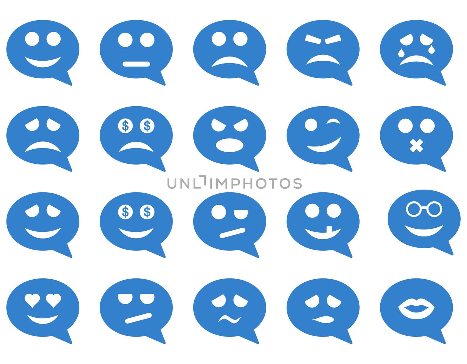 Chat emotion smile icons. Glyph set style is flat images, cobalt symbols, isolated on a white background.