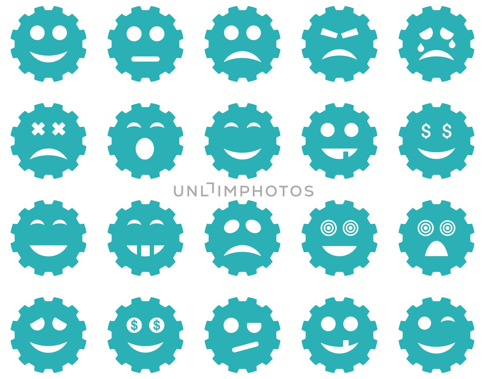 Gear emotion icons. Glyph set style is flat images, cyan symbols, isolated on a white background.