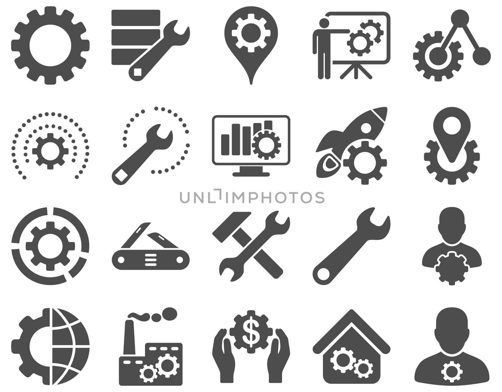 Settings and Tools Icons. Glyph set style is flat images, gray color, isolated on a white background.