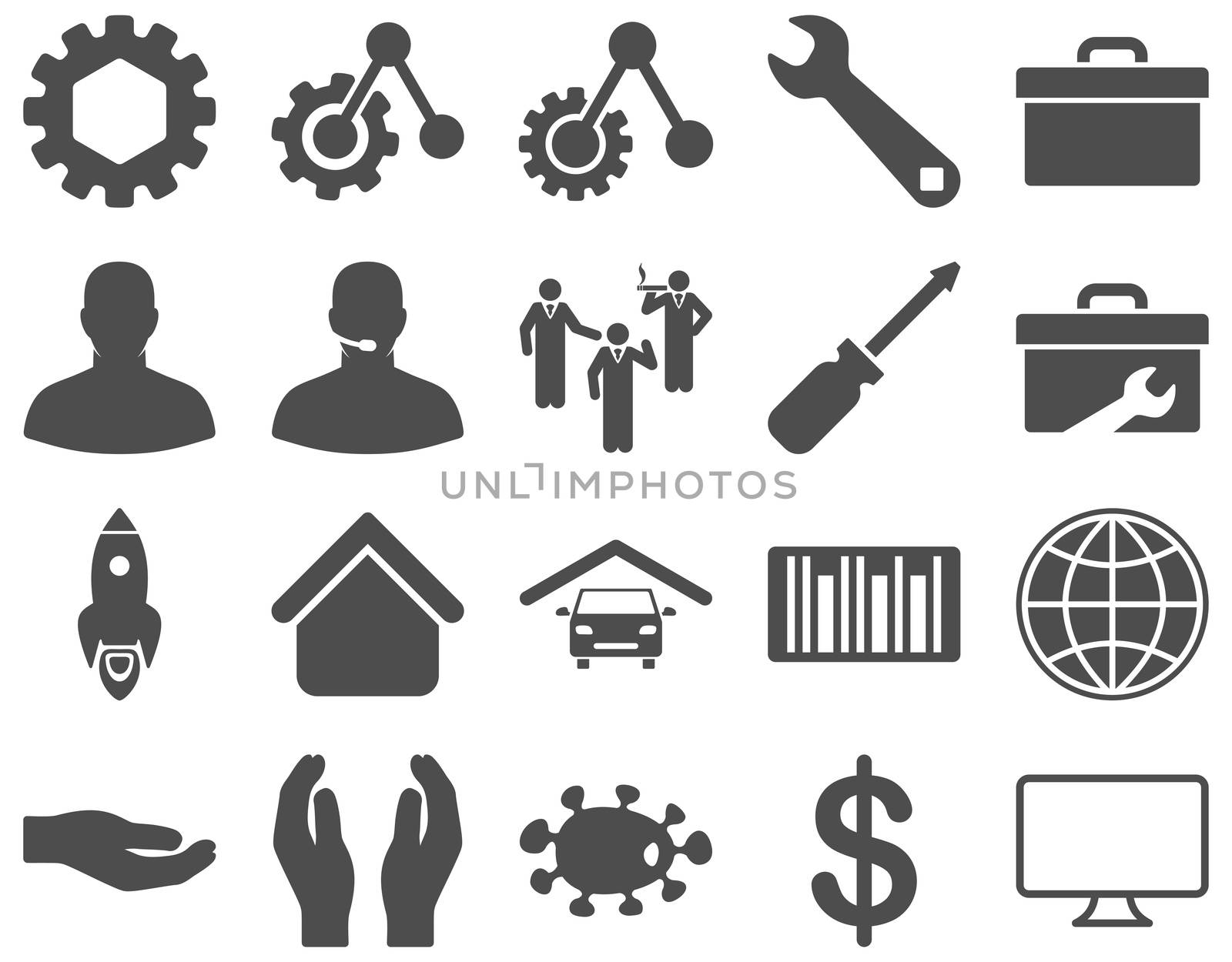 Settings and Tools Icons. Glyph set style is flat images, gray color, isolated on a white background.