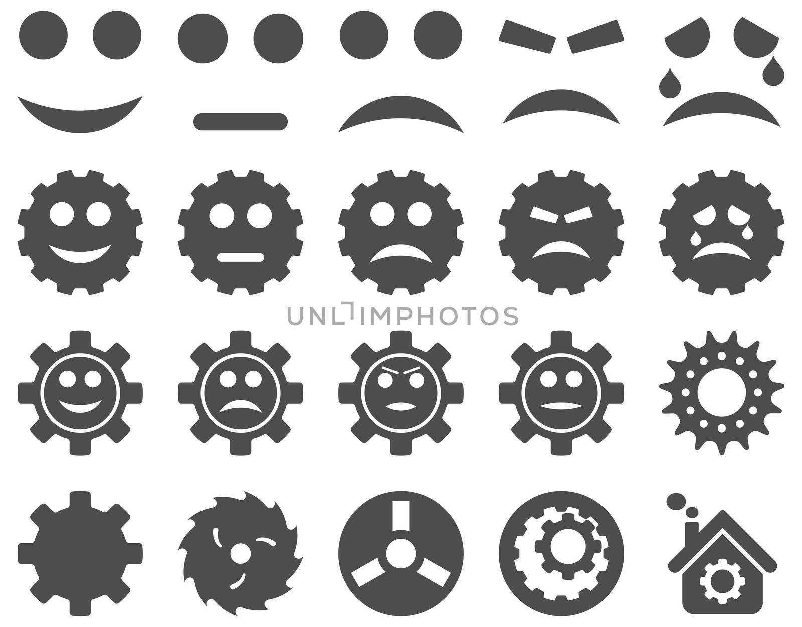 Tools and Smile Gears Icons. Glyph set style is flat images, gray color, isolated on a white background.