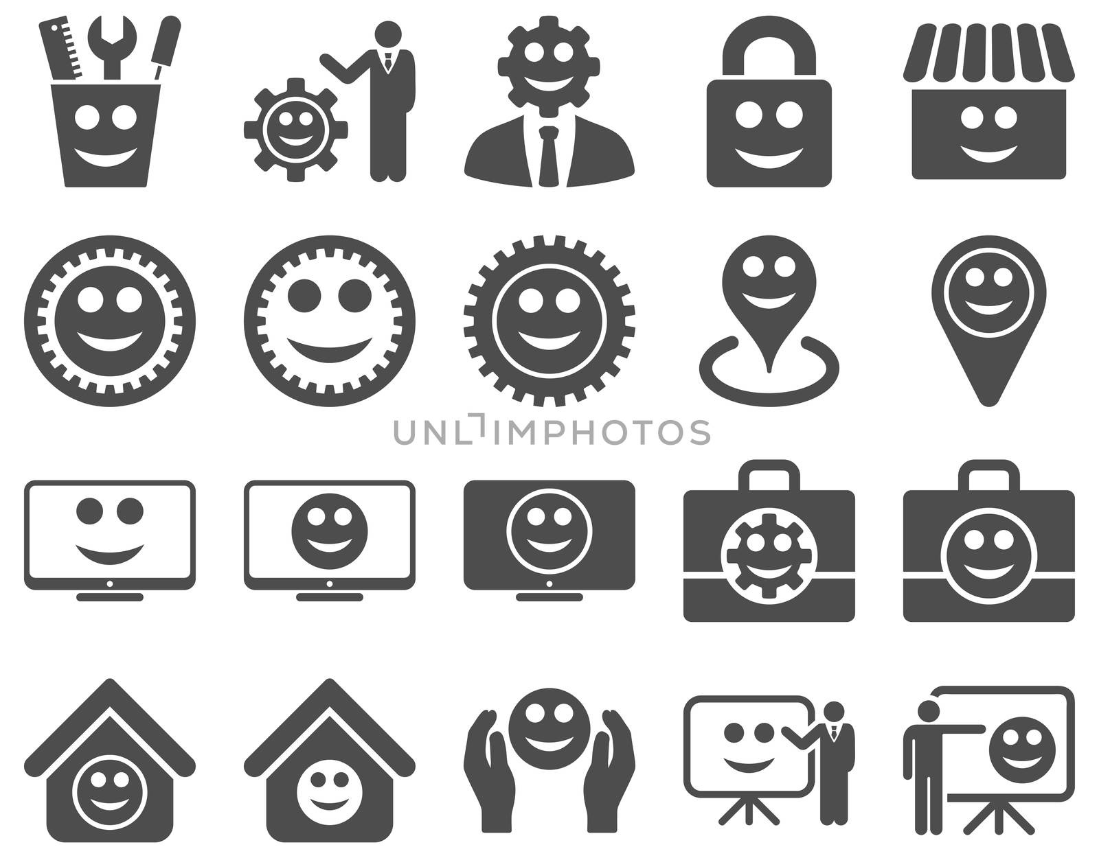 Tools, gears, smiles, management icons. Glyph set style is flat images, gray symbols, isolated on a white background.