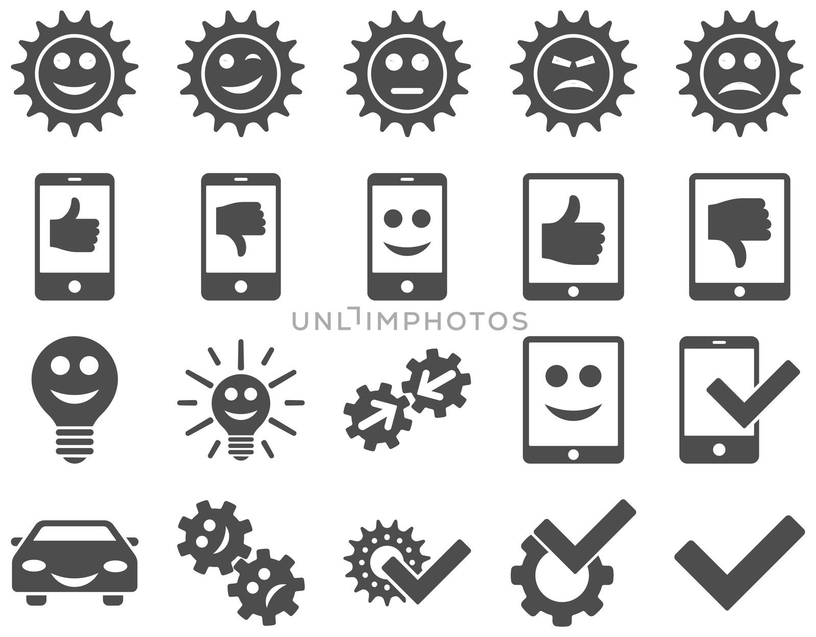 Tools and Smile Gears Icons. Glyph set style is flat images, gray color, isolated on a white background.