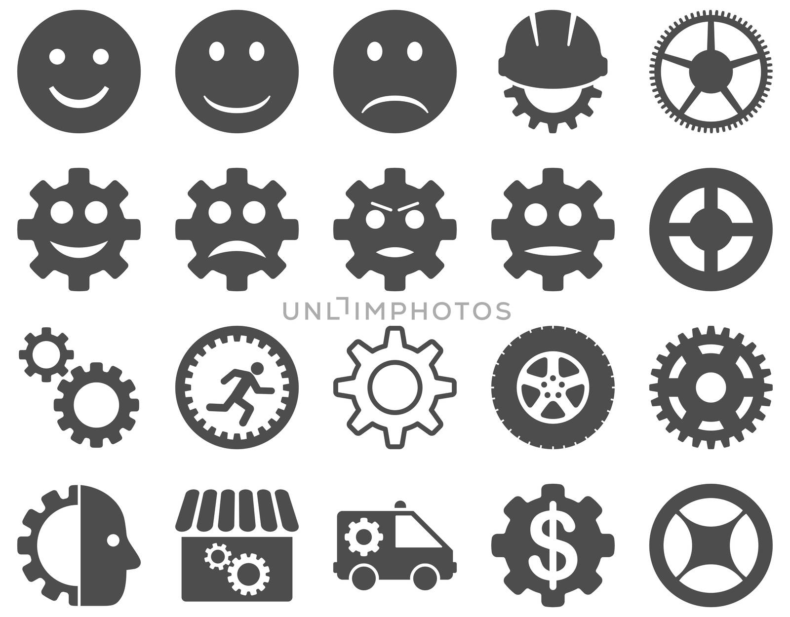 Tools and Smile Gears Icons. Glyph set style is flat images, gray color, isolated on a white background.