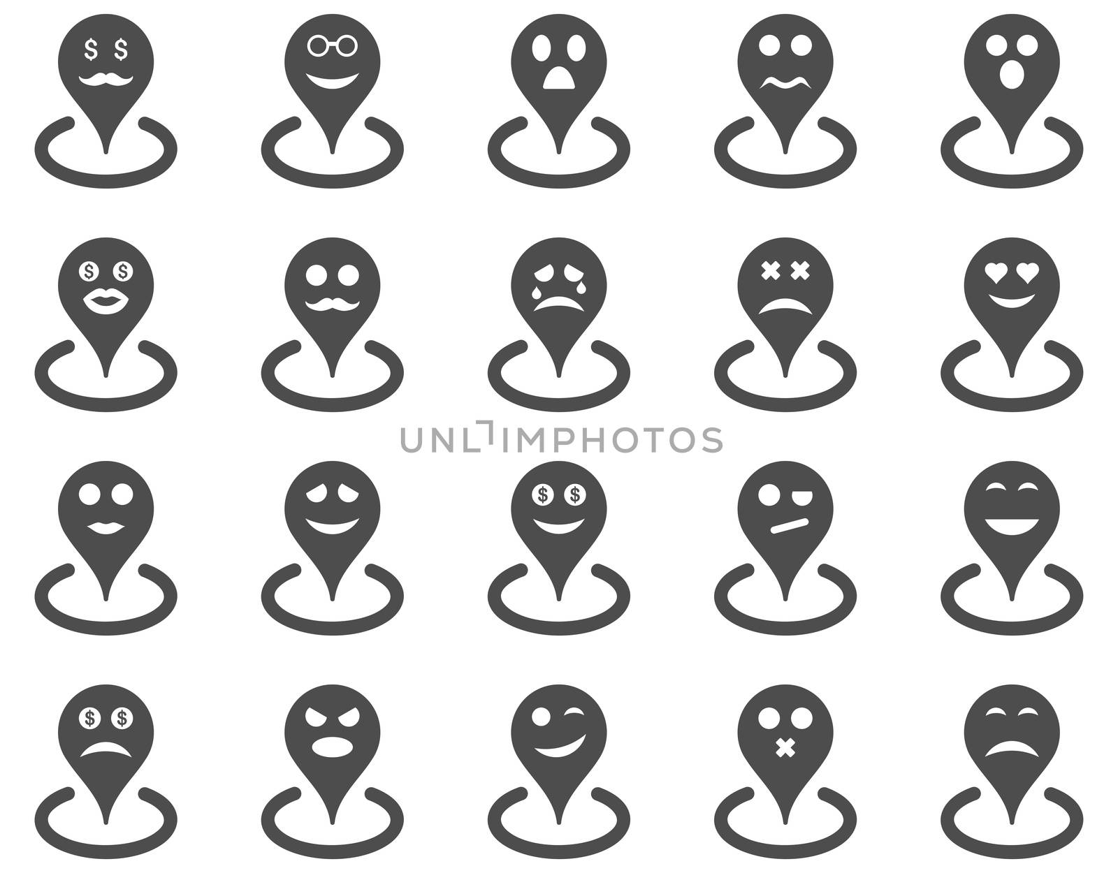 Smiled location icons. Glyph set style is flat images, gray symbols, isolated on a white background.