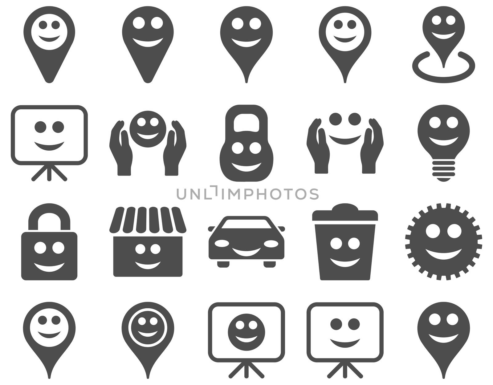 Tools, options, smiles, objects icons. Glyph set style is flat images, gray symbols, isolated on a white background.