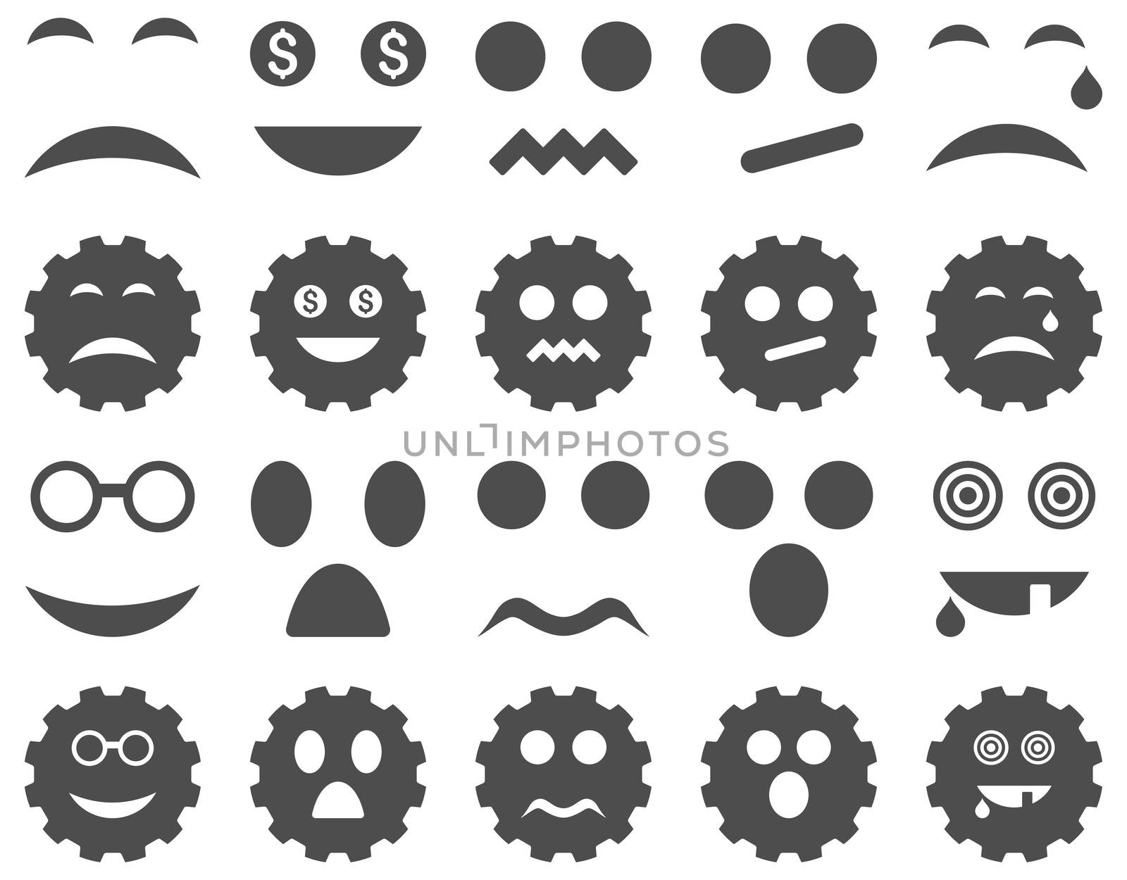 Tool, gear, smile, emotion icons. Glyph set style is flat images, gray symbols, isolated on a white background.