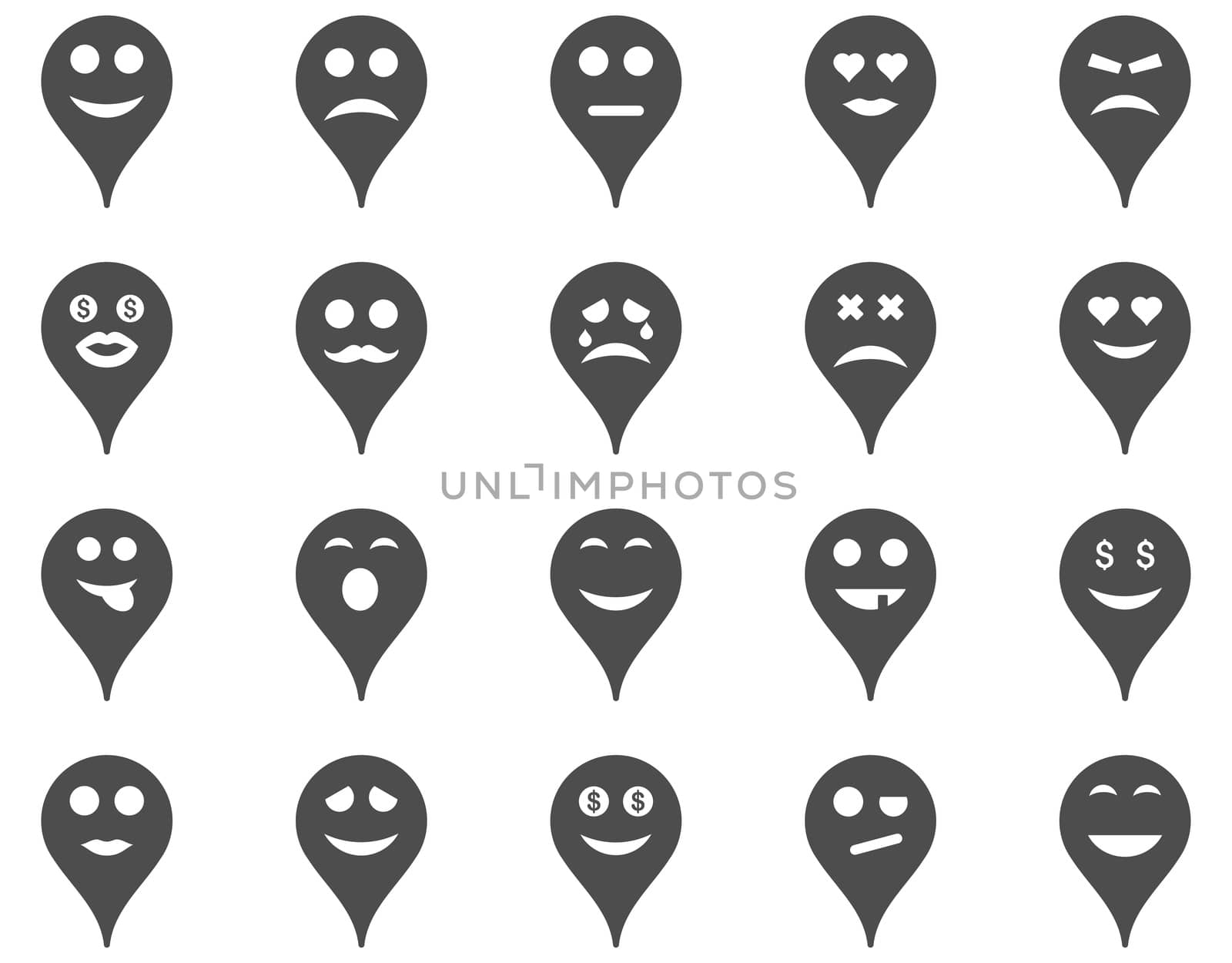 Emotion map marker icons. Glyph set style is flat images, gray symbols, isolated on a white background.