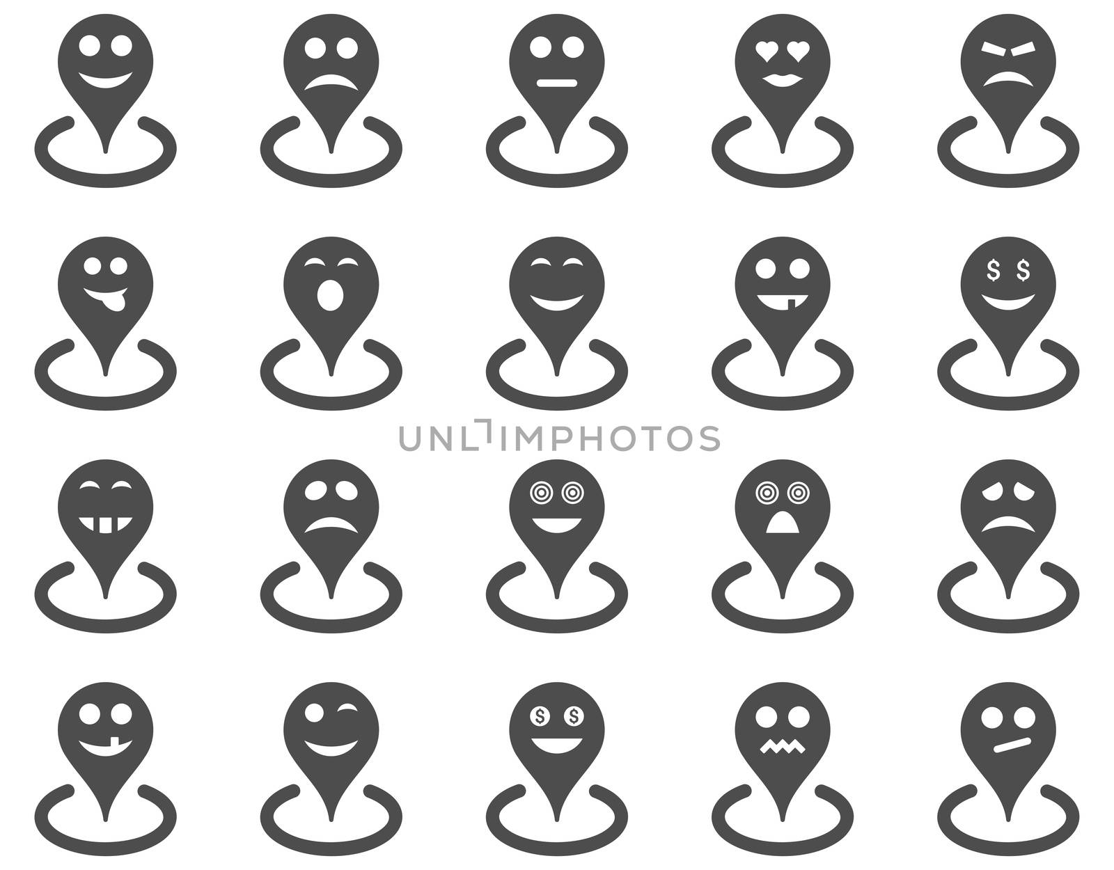 Smiled location icons. Glyph set style is flat images, gray symbols, isolated on a white background.