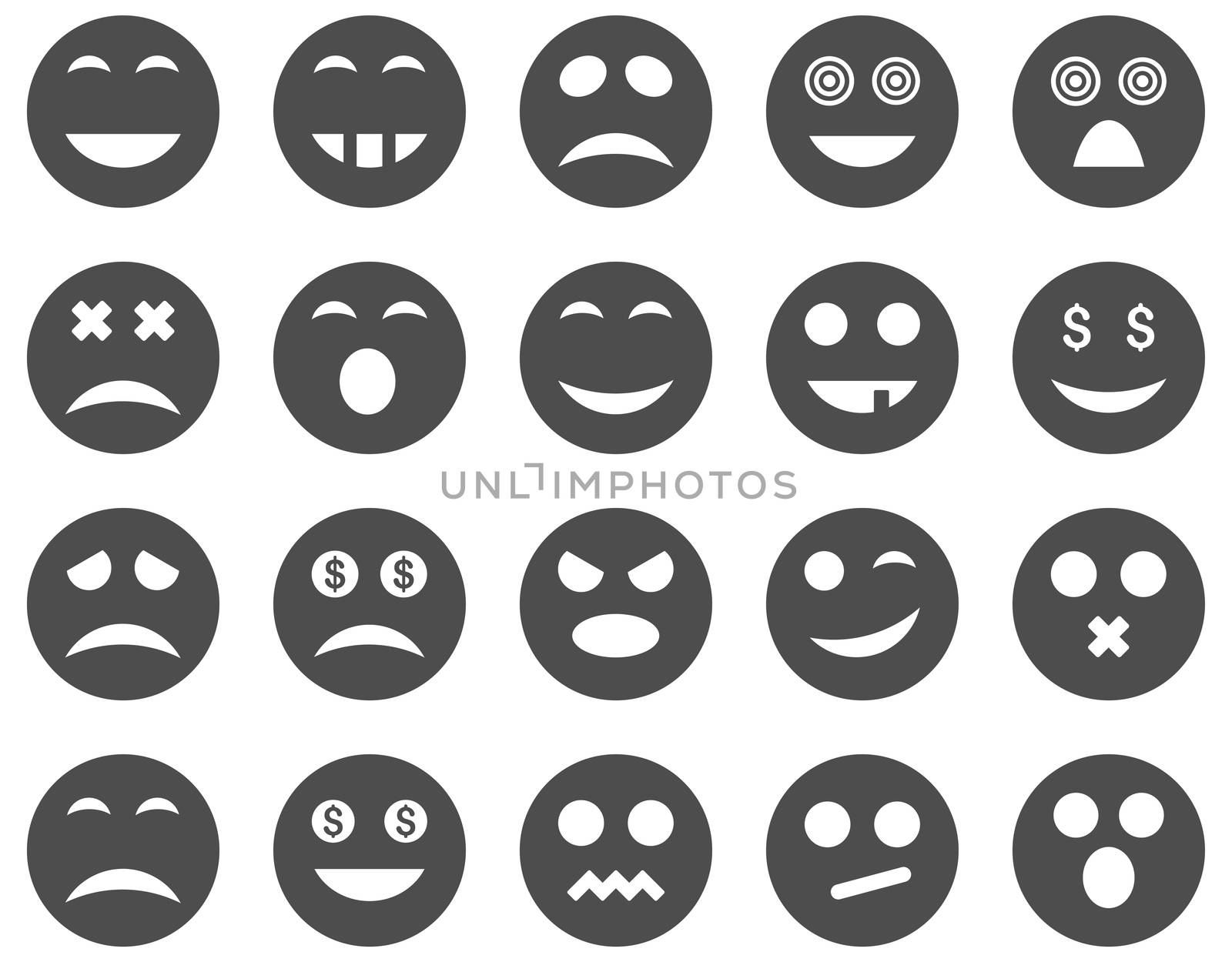 Smile and emotion icons. Glyph set style is flat images, gray symbols, isolated on a white background.