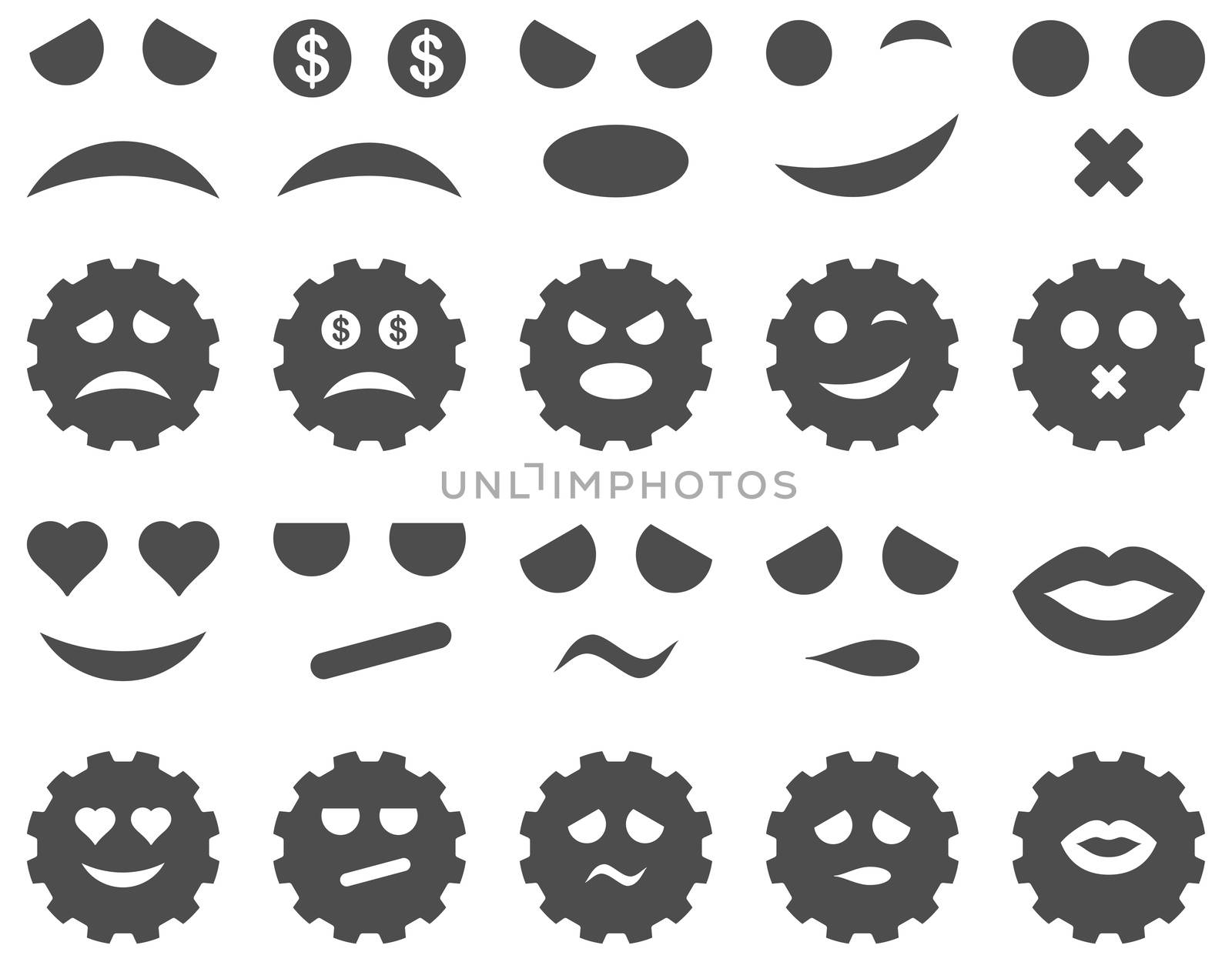 Tool, gear, smile, emotion icons. Glyph set style is flat images, gray symbols, isolated on a white background.