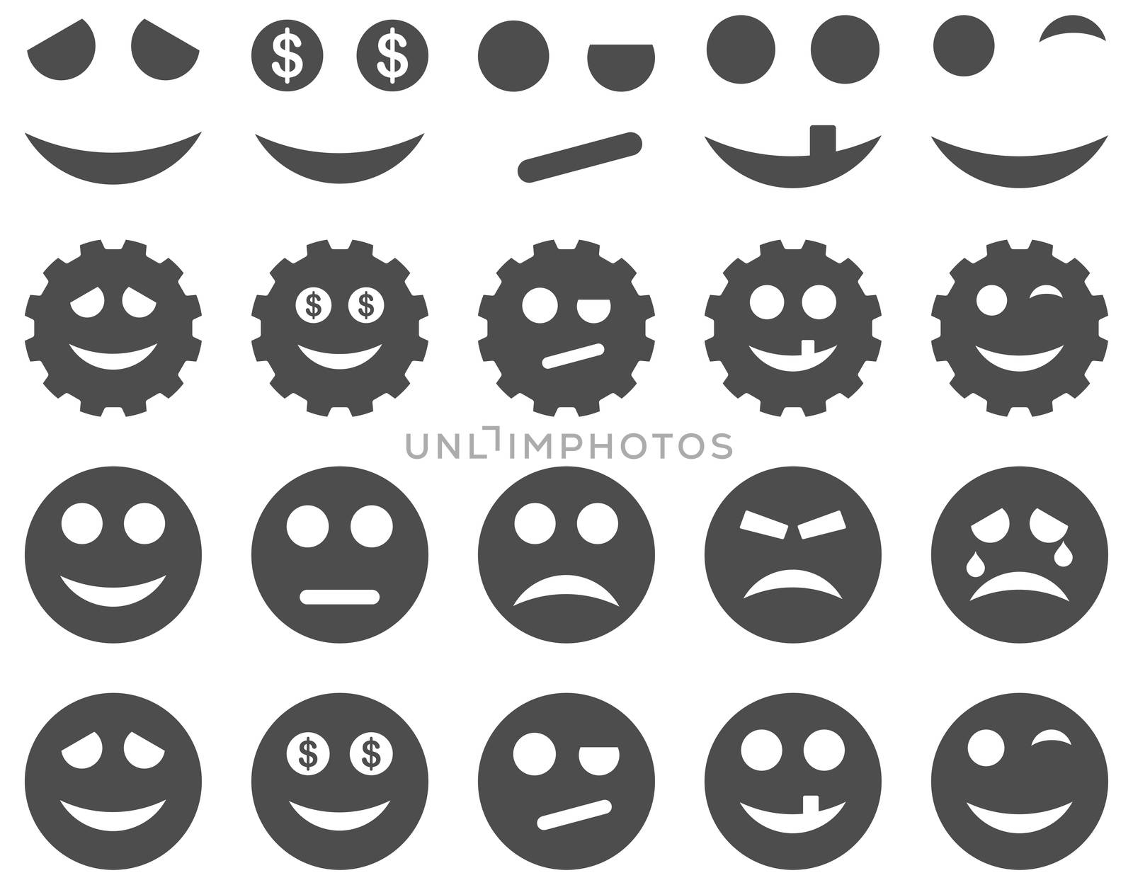 Tools, gears, smiles, emoticons icons. Glyph set style is flat images, gray symbols, isolated on a white background.