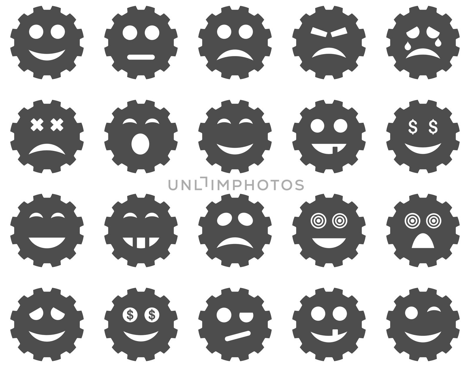 Gear emotion icons. Glyph set style is flat images, gray symbols, isolated on a white background.