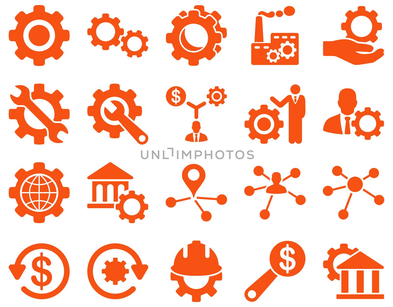 Settings and Tools Icons. Glyph set style is flat images, orange color, isolated on a white background.