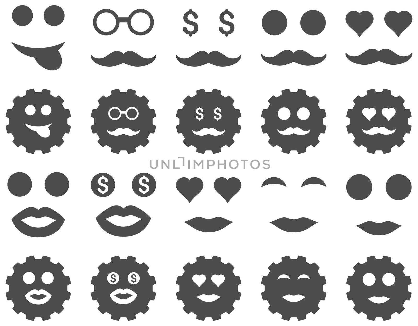 Gear and emotion icons. Glyph set style is flat images, gray symbols, isolated on a white background.