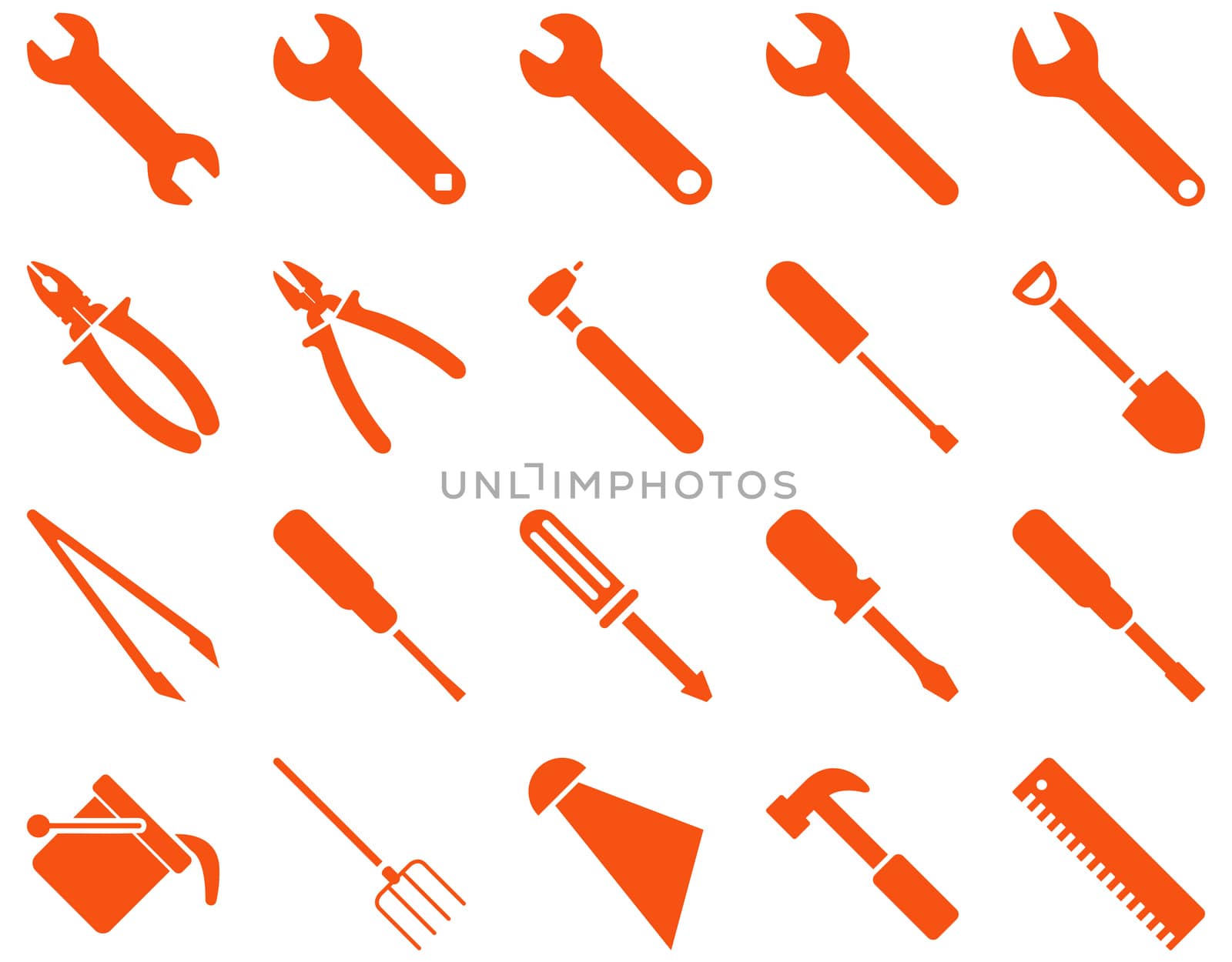 Equipment and Tools Icons. Glyph set style is flat images, orange color, isolated on a white background.