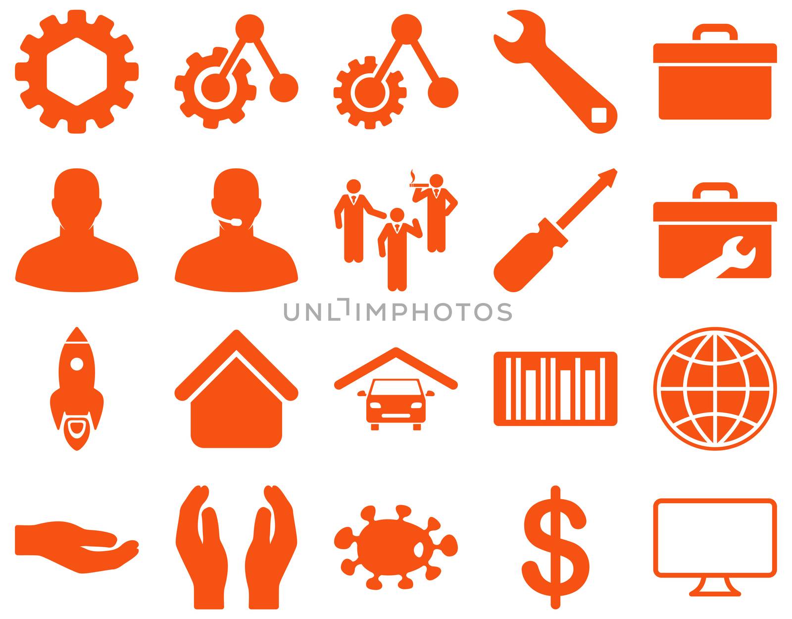 Settings and Tools Icons. Glyph set style is flat images, orange color, isolated on a white background.