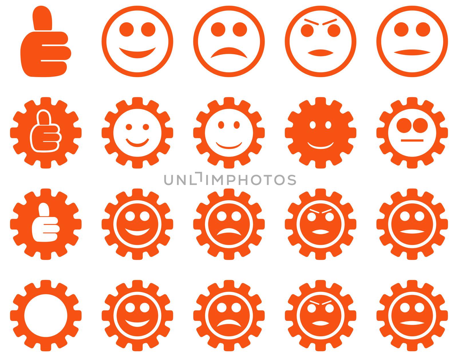 Settings and Smile Gears Icons. Glyph set style is flat images, orange color, isolated on a white background.