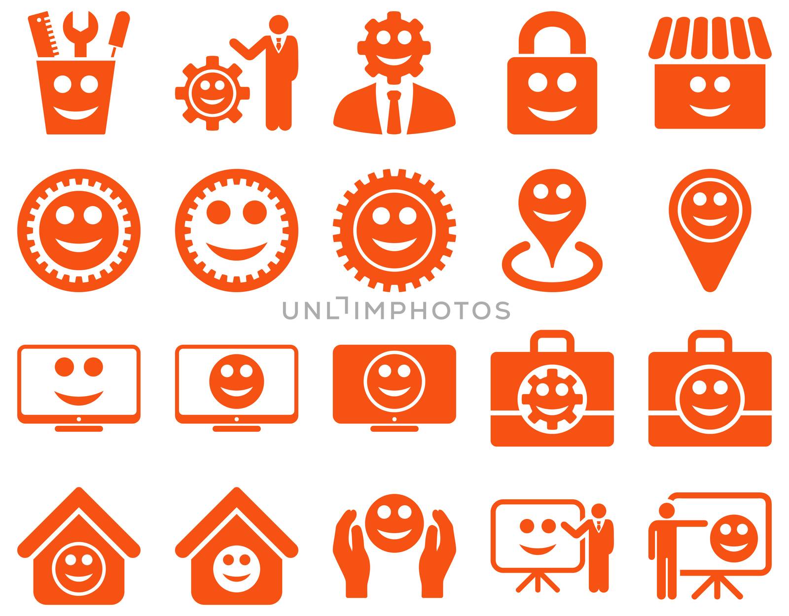 Tools, gears, smiles, management icons. Glyph set style is flat images, orange symbols, isolated on a white background.