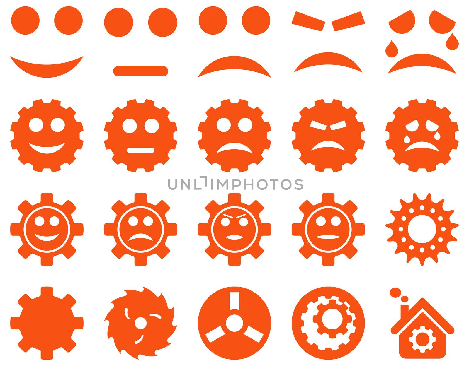 Tools and Smile Gears Icons. Glyph set style is flat images, orange color, isolated on a white background.