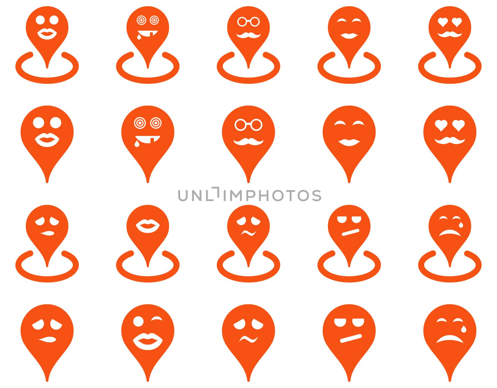Smiled location icons. Glyph set style is flat images, orange symbols, isolated on a white background.