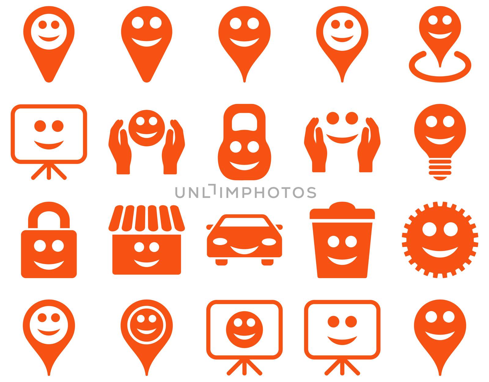 Tools, options, smiles, objects icons. Glyph set style is flat images, orange symbols, isolated on a white background.