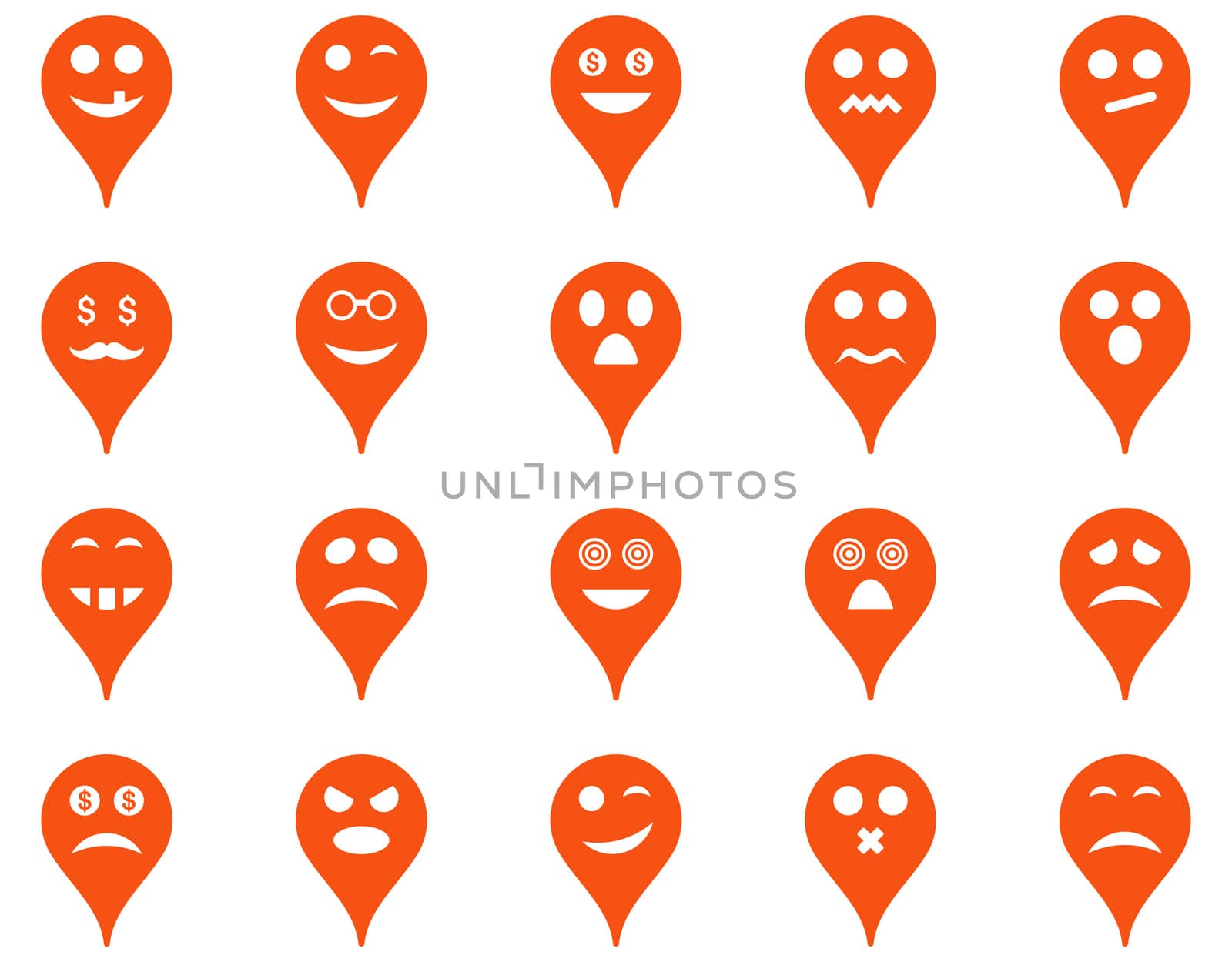 Emotion map marker icons. Glyph set style is flat images, orange symbols, isolated on a white background.