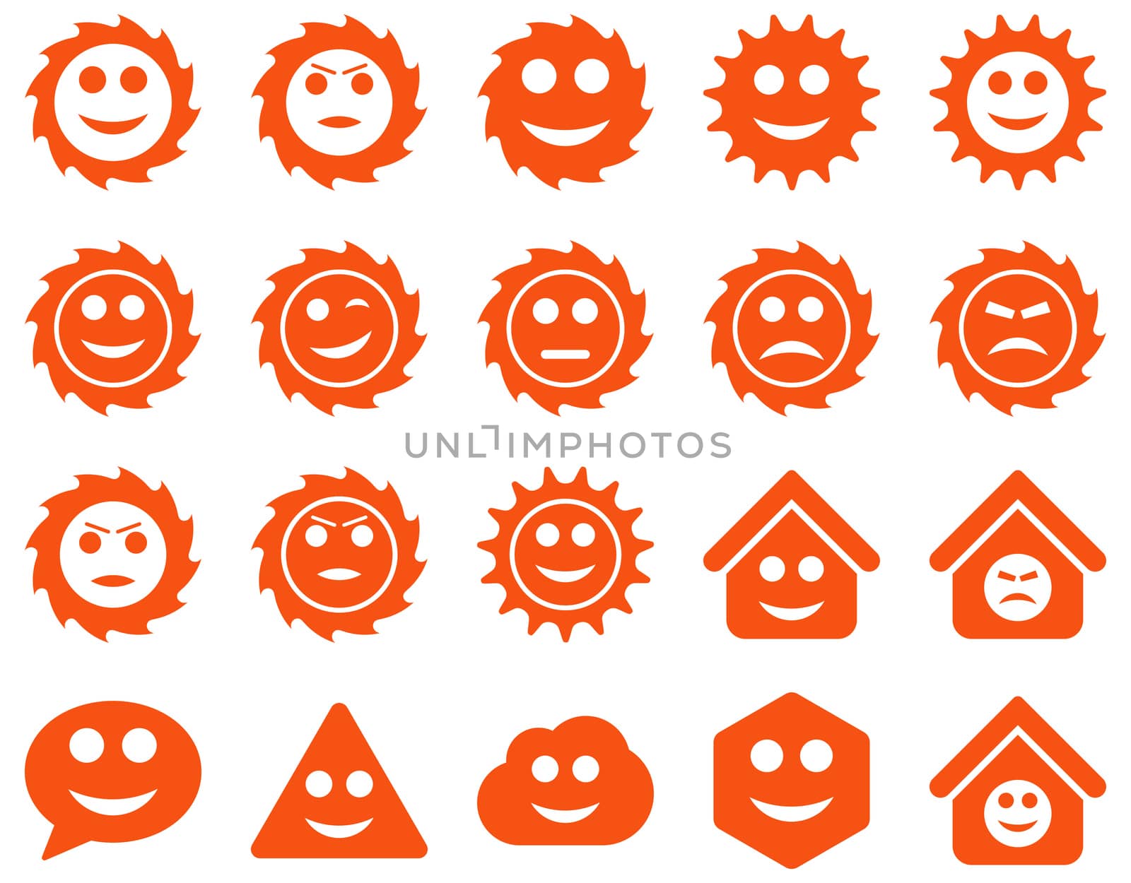 Tools, gears, smiles, emotions icons. Glyph set style is flat images, orange symbols, isolated on a white background.