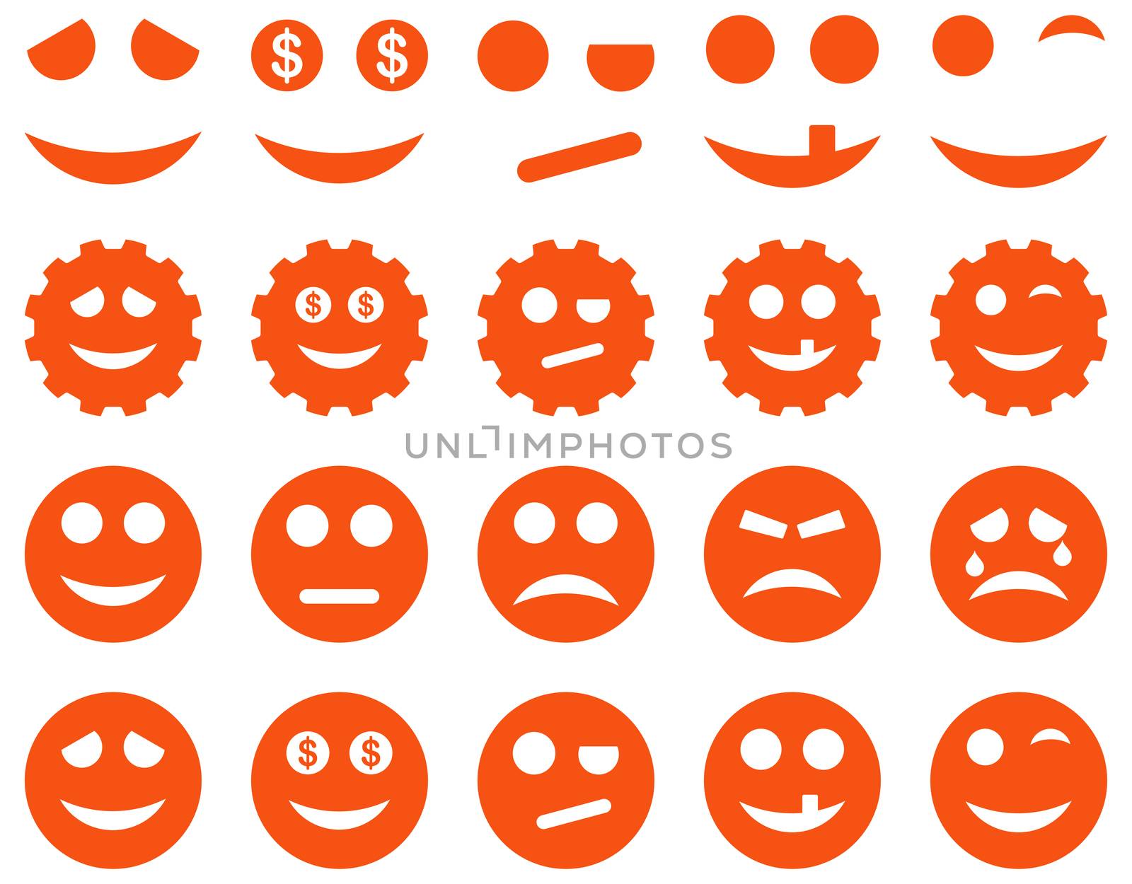 Tools, gears, smiles, emoticons icons. Glyph set style is flat images, orange symbols, isolated on a white background.