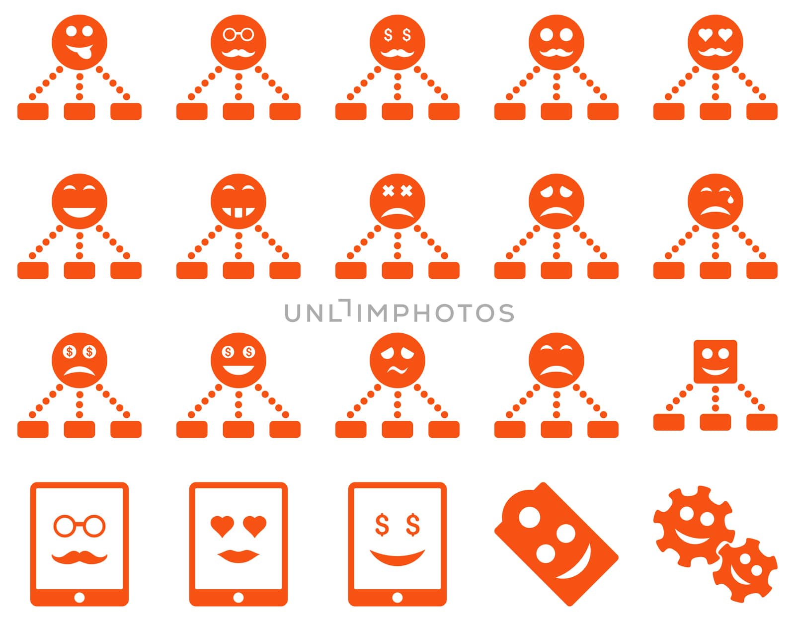 Smile, emotion, relations and tablet icons. Glyph set style is flat images, orange symbols, isolated on a white background.