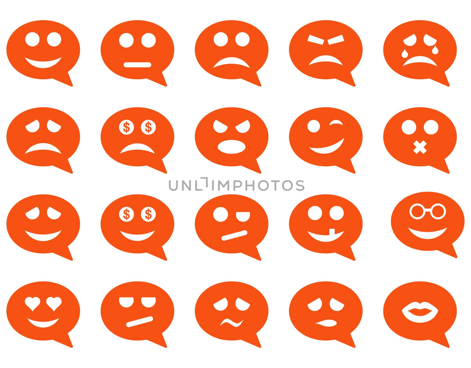 Chat emotion smile icons. Glyph set style is flat images, orange symbols, isolated on a white background.