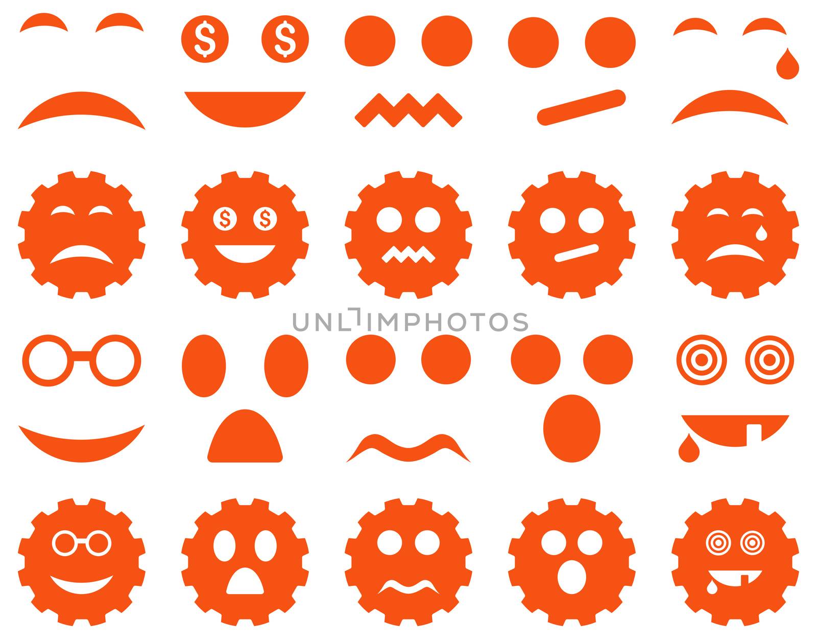Tool, gear, smile, emotion icons. Glyph set style is flat images, orange symbols, isolated on a white background.