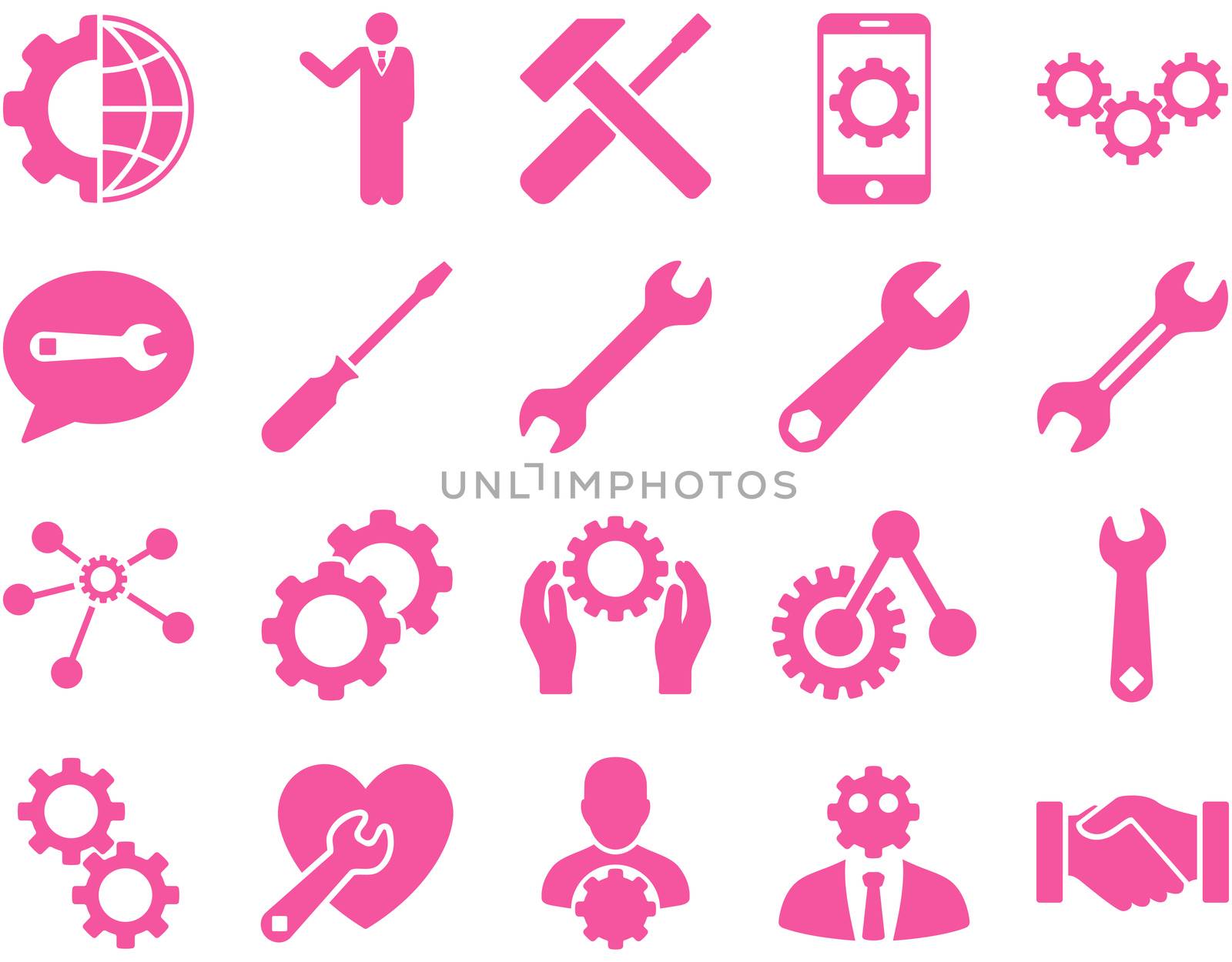 Settings and Tools Icons. Glyph set style is flat images, pink color, isolated on a white background.