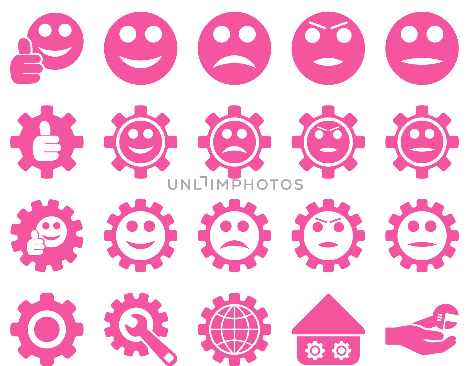 Settings and Smile Gears Icons. Glyph set style is flat images, pink color, isolated on a white background.