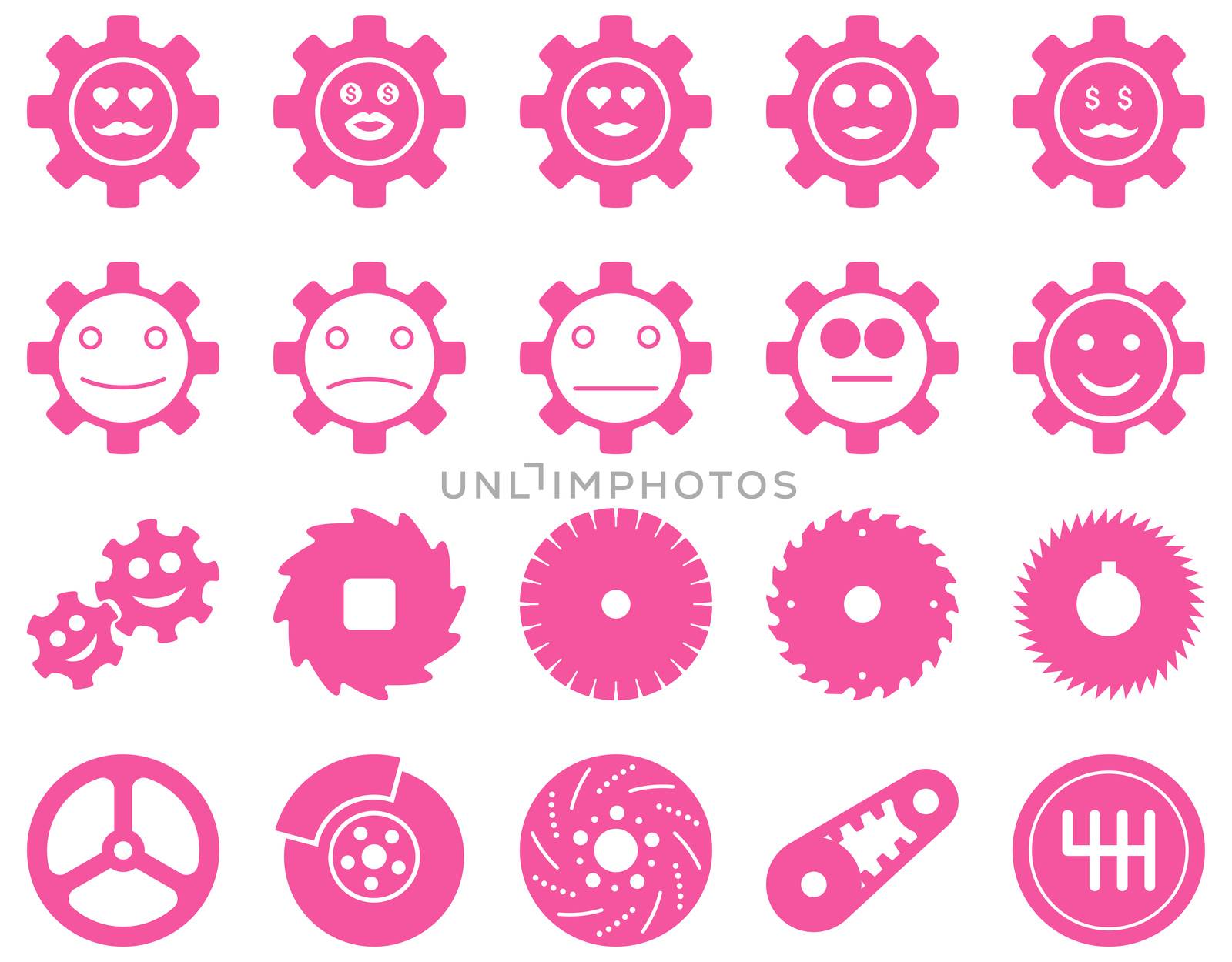 Tools and Smile Gears Icons. Glyph set style is flat images, pink color, isolated on a white background.