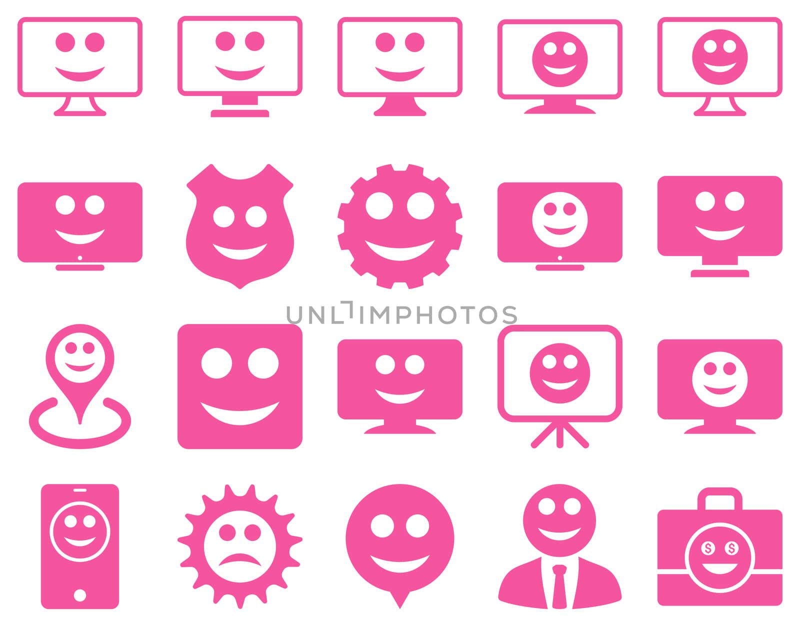 Tools, gears, smiles, dilspays icons. Glyph set style is flat images, pink symbols, isolated on a white background.